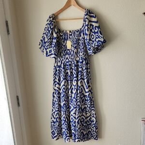 JODIFL Blue and Cream Midi Dress Puffed Sleeves Sz L NWT Cottage Boho Prairie